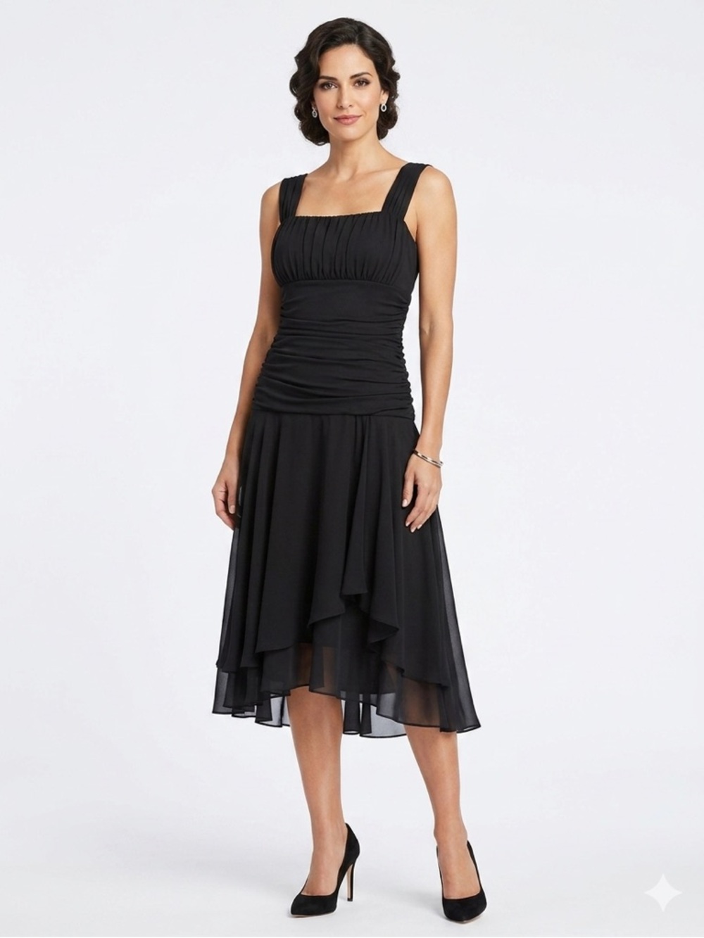 Classic Black Ruched Midi Dress
